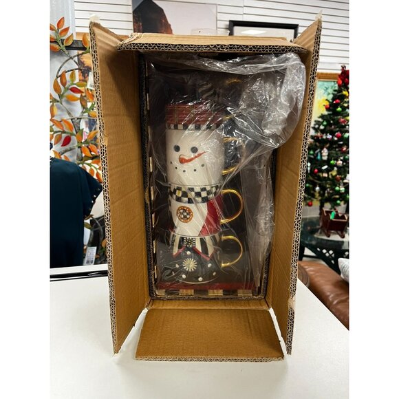 MACKENZIE-CHILDS Top Hat Snowman Mug Tower - Set of 4 -  New in Box - Picture 2 of 6